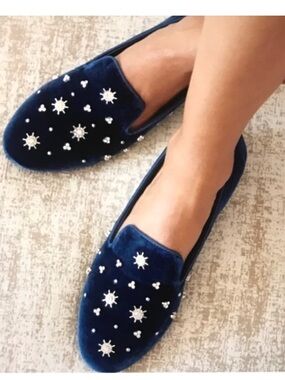 BIRDIES The Starling Velvet Crystal Jewel Loafer Royal Blue Ballet Flat Size 8